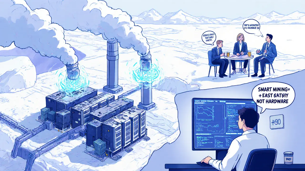 An automated mining farm in Iceland powered by geothermal energy, monitored remotely by AI.