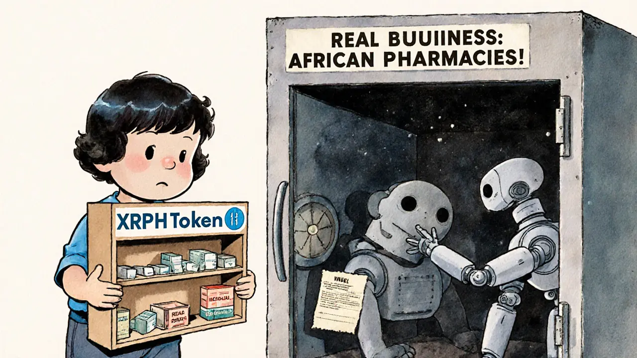 Child with toy XRPH token next to empty vault of real African pharmacies, vintage comic style.