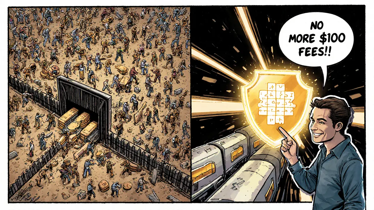 Contrasting scenes: slow, crowded Layer-1 vs. fast, glowing ZK-rollup with transactions moving like bullet trains.