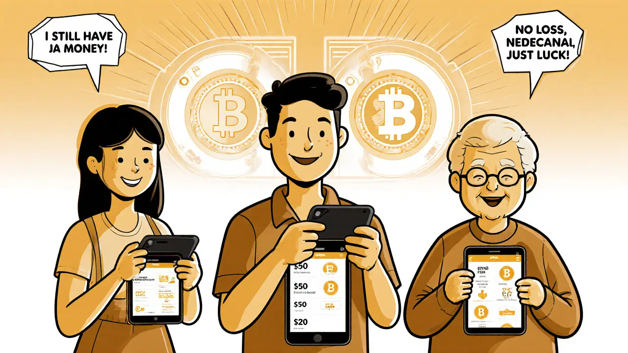 Diverse users smile at phones showing small PoolTogether prizes while their stablecoin deposits remain secure in digital vaults.