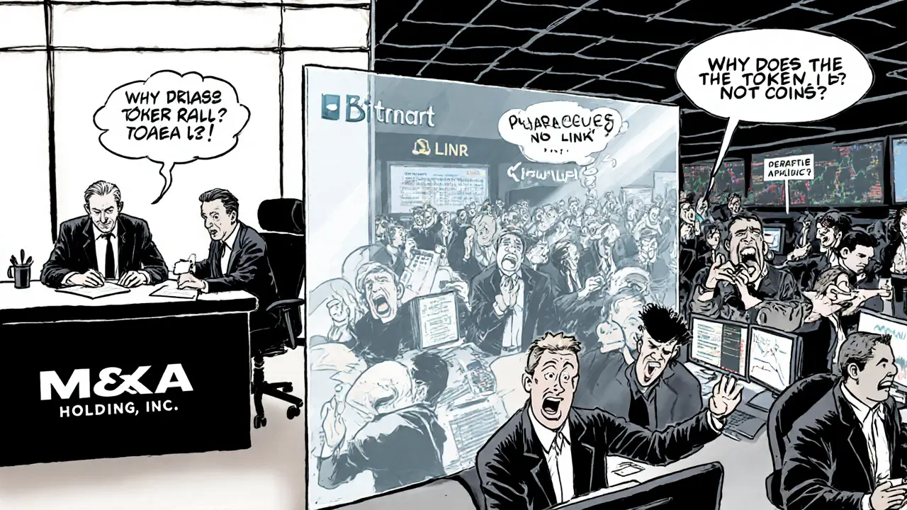 Dubai office and crypto trading floor separated by &#039;NO LINK&#039; wall, cartoon illustration.