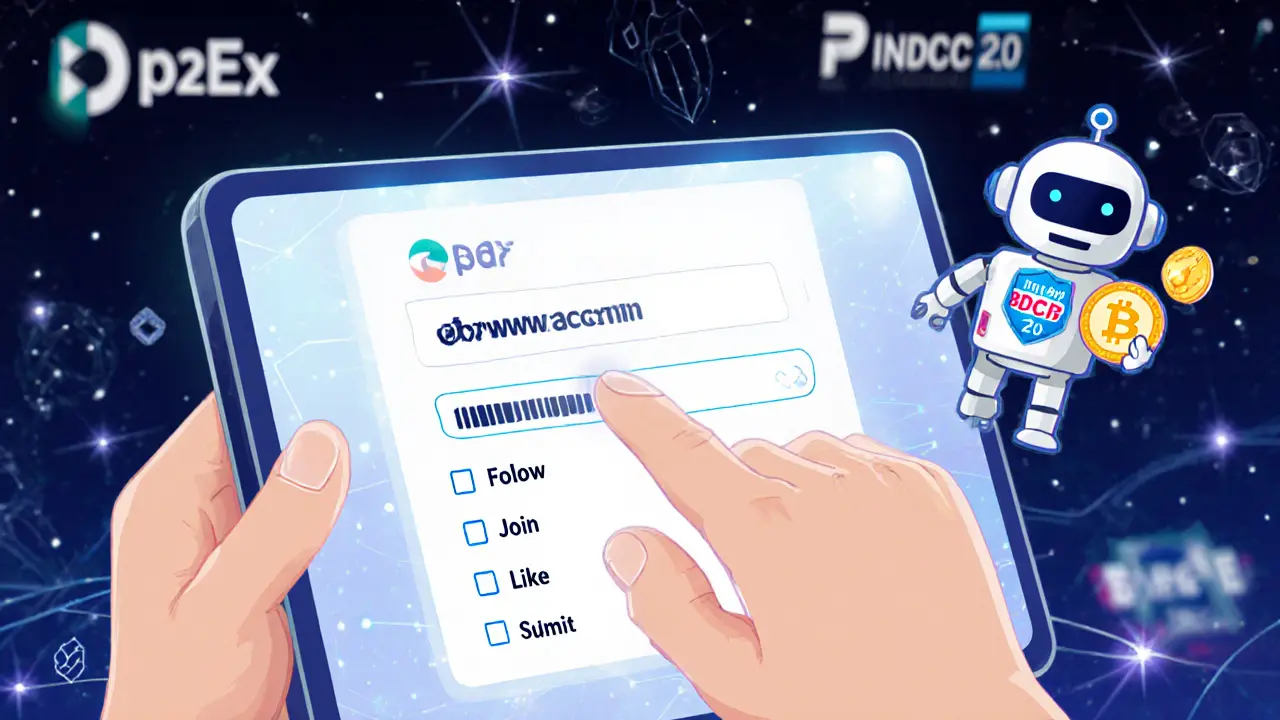 Hand submitting a wallet address for a BDCC airdrop with a checklist and robot helper.