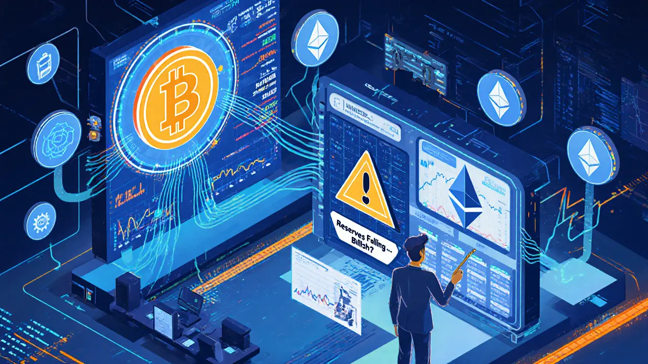 Institutional traders monitoring crypto flow dashboards with holographic arrows moving off exchanges.