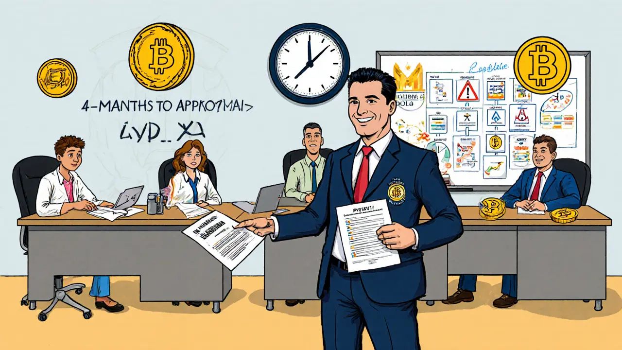 MFSA officers guide crypto businesses through four licensing categories with tokens floating above each desk.