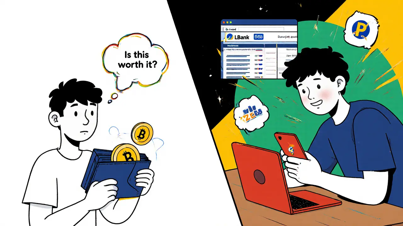 Person comparing doubt vs. curiosity about a small crypto airdrop reward.