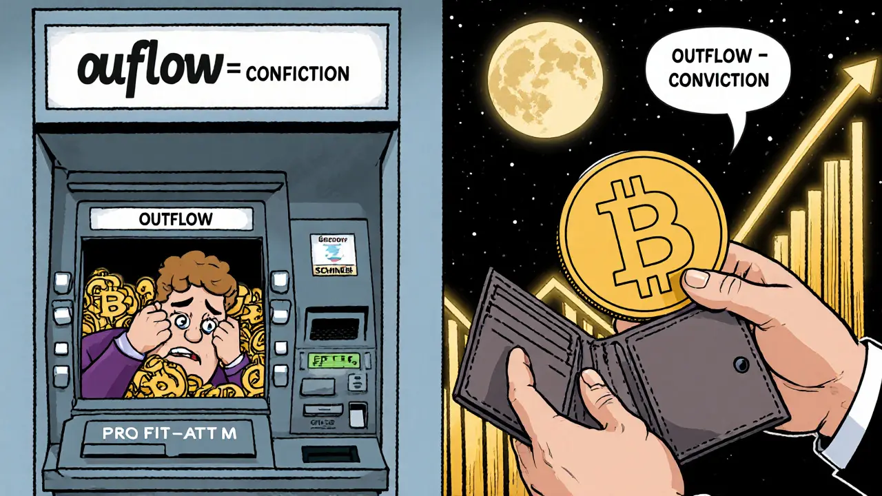 Retail trader selling on exchange vs. investor securing Bitcoin in hardware wallet, comic illustration.