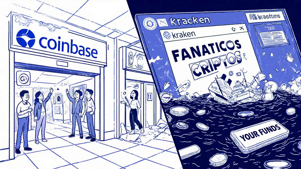 Split scene: legitimate exchange with happy users vs. crumbling fake platform with sinking funds.