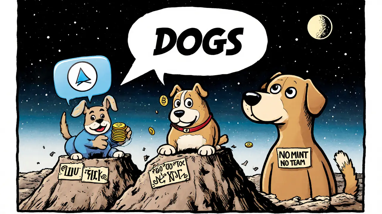 Three cartoon crypto dog projects: DOGS giving coins, DOG•GO•TO•THE•MOON on a Bitcoin mountain, DOGGY as a lifeless cutout.