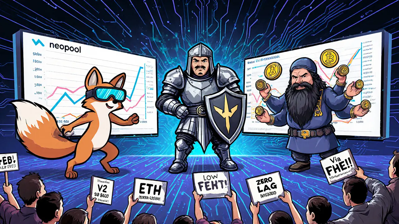 Three mining pool mascots compete in a digital arena with hashrate graphs and staking coins.