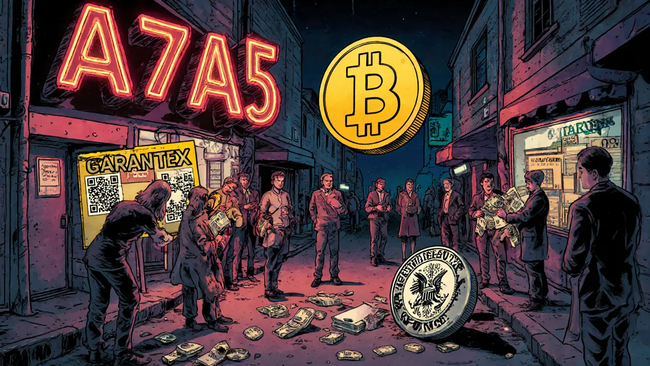 Underground crypto marketplace in Moscow alley with A7A5 token and Bitpapa trades at night