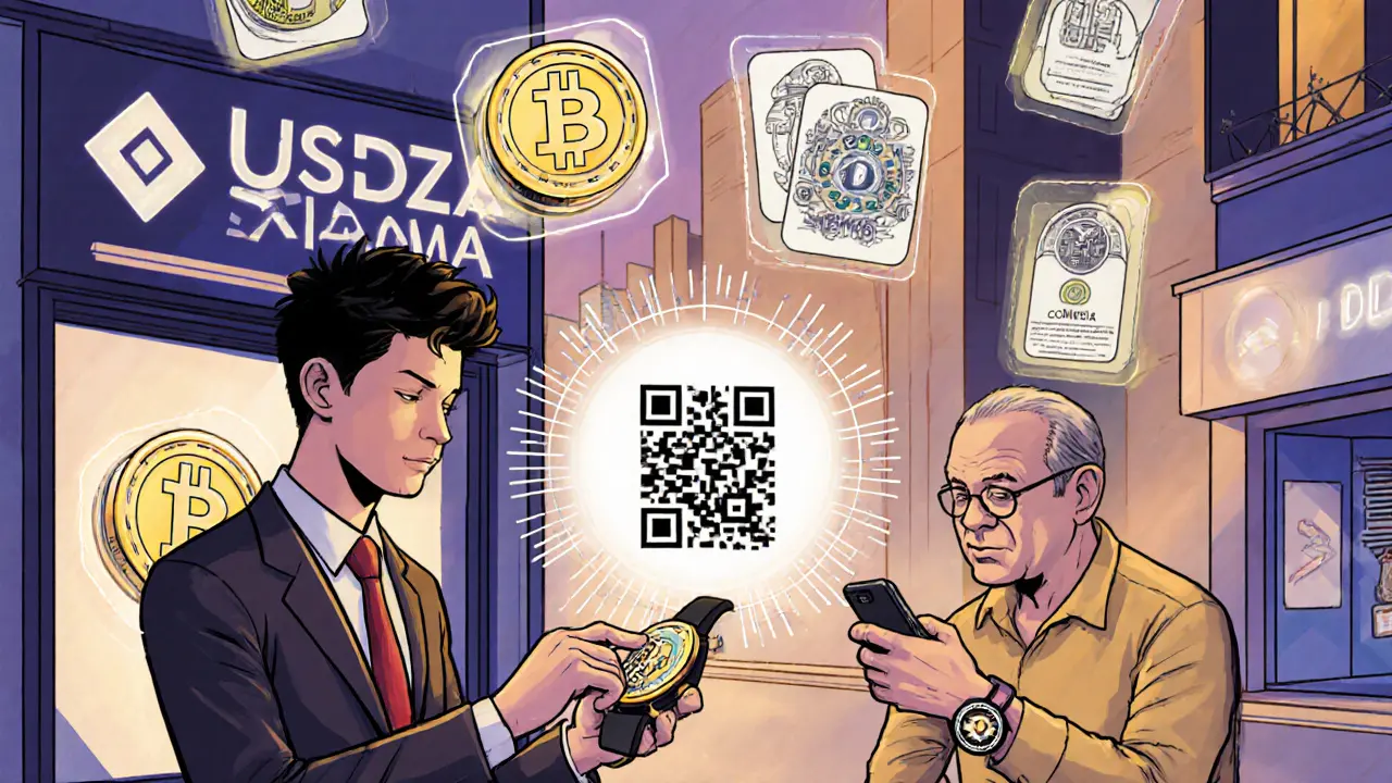 Young professional paying for luxury goods with USDC in Singapore, while tokenized assets float nearby in AR interface.