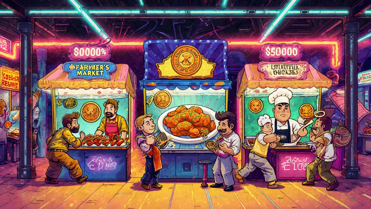 A bustling market stall trading rare food NFTs, including a high-value chef-signed dish.