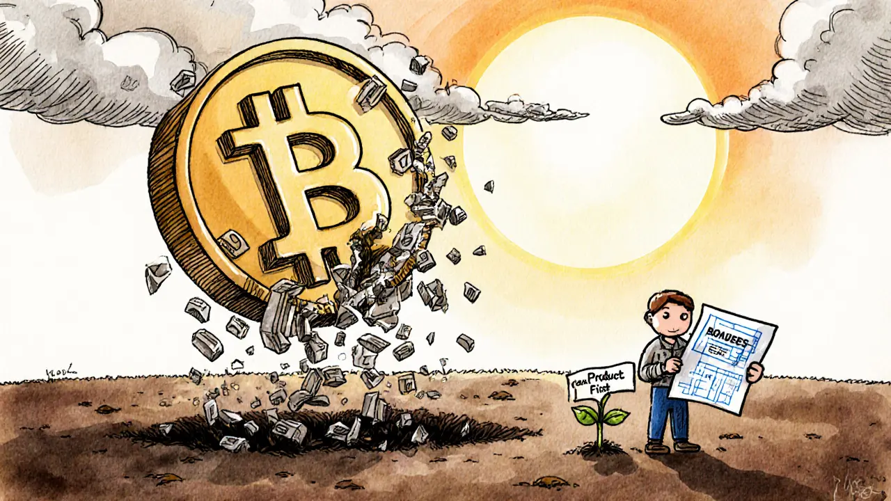 A crumbling TRO token falling into darkness as a developer plants a seed labeled &#039;Real Usage&#039; in sunlight.