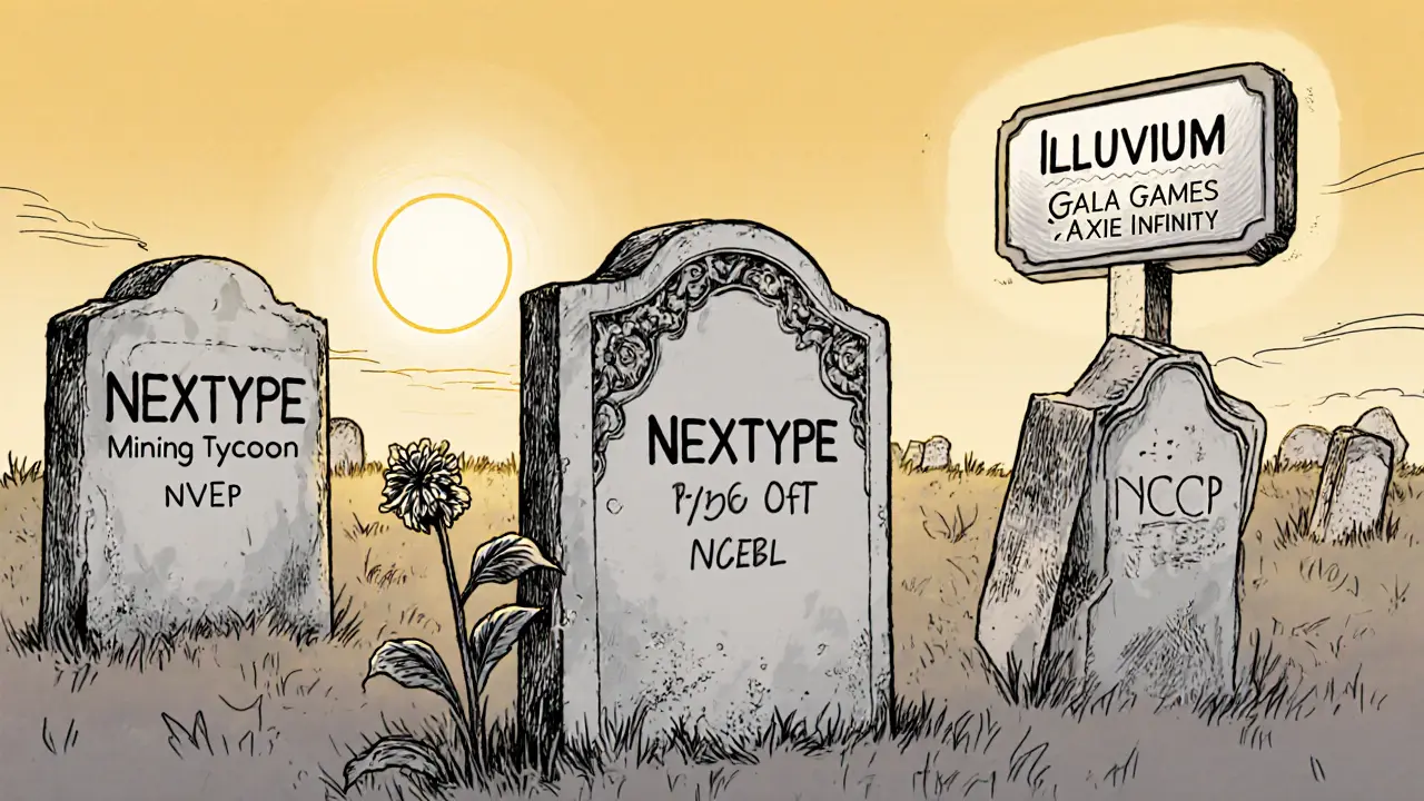 A crypto graveyard with tombstones for dead projects, contrasted by bright, active platforms in the distance.