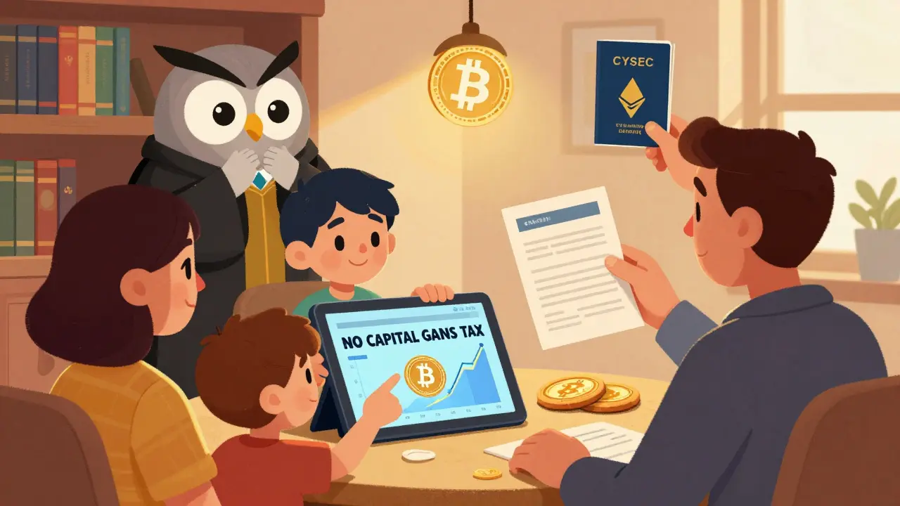 A Cypriot family reviewing crypto investments with a &#039;no capital gains tax&#039; sign, guided by a regulatory owl mascot.