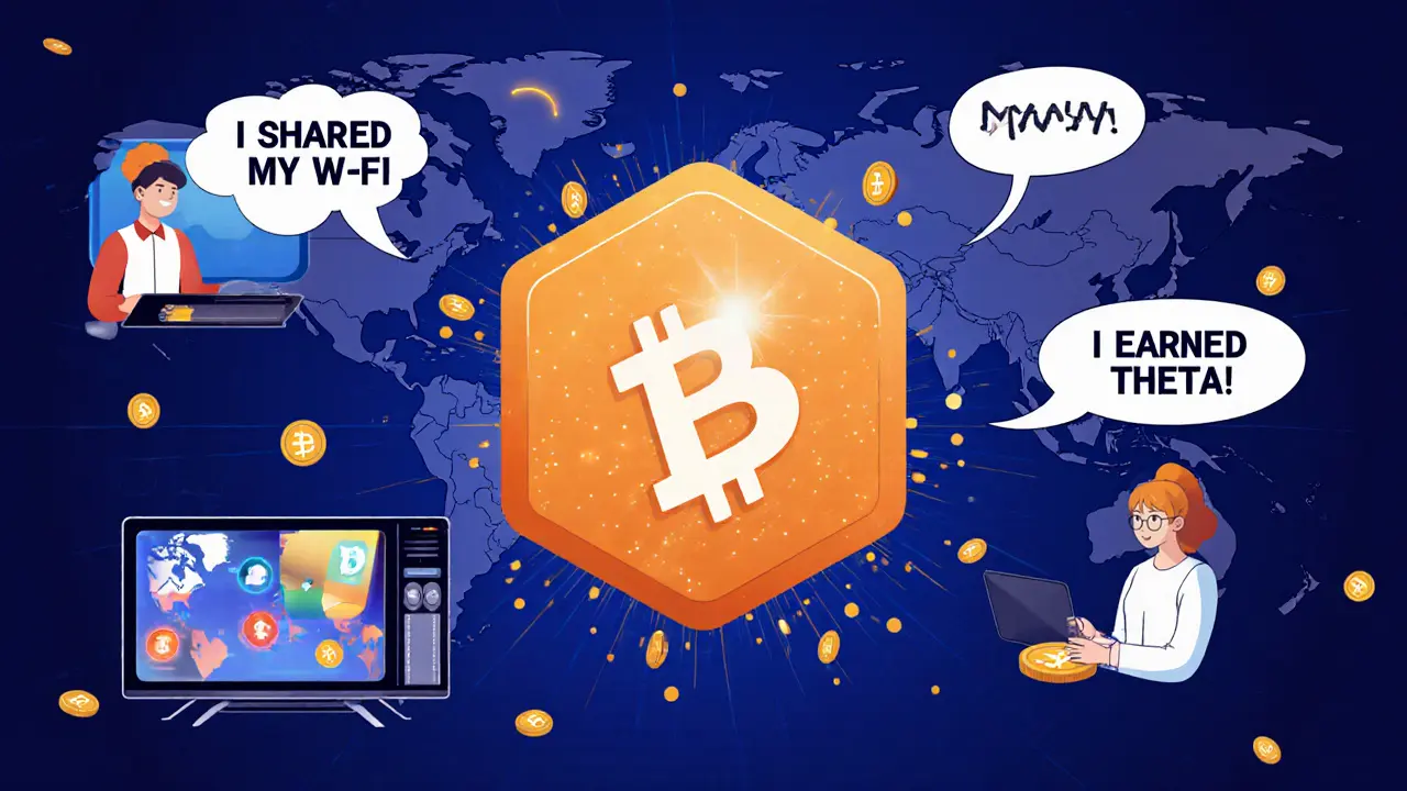 A futuristic Theta Network node streaming video with users worldwide contributing bandwidth and earning tokens.