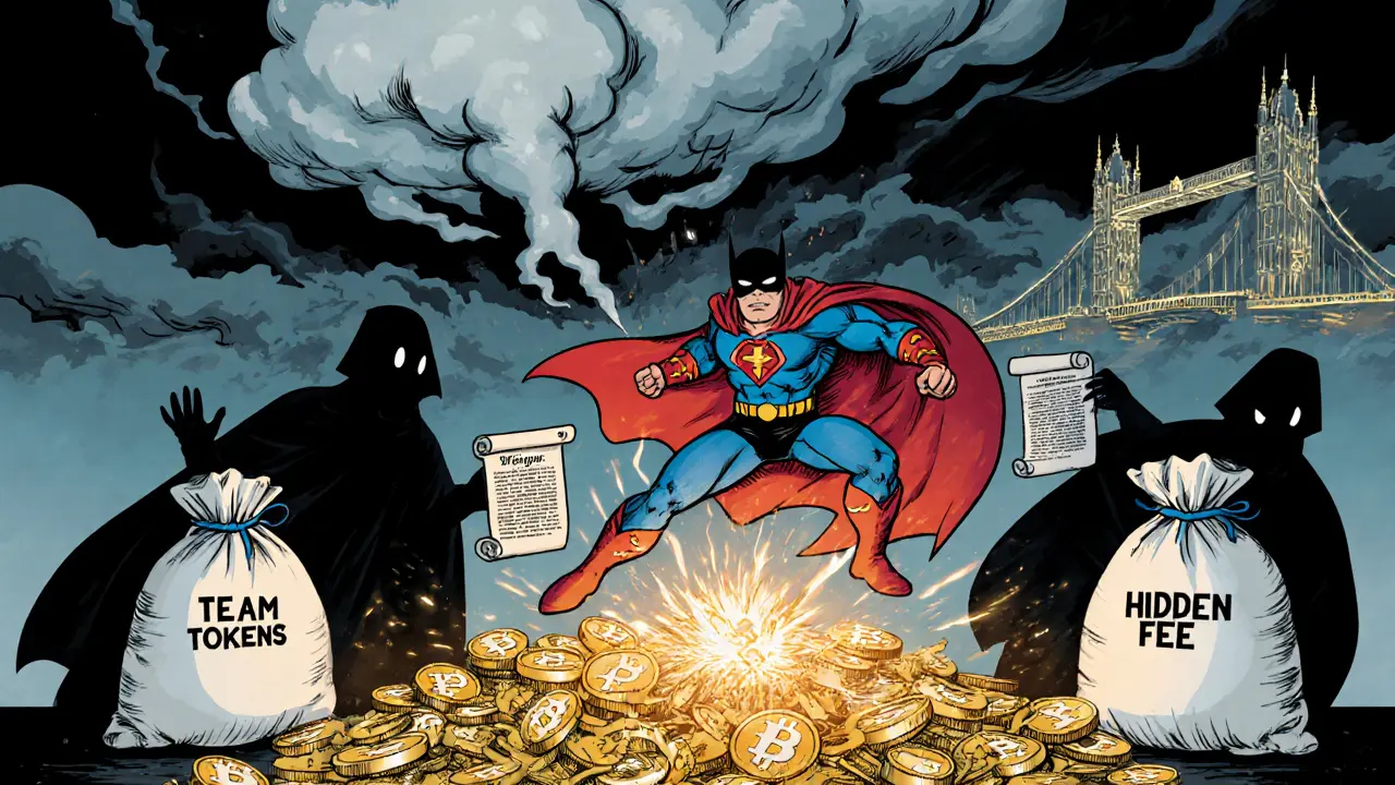 A hero rescuing a liquidity pool while hidden risks like team tokens and fees loom in the shadows.