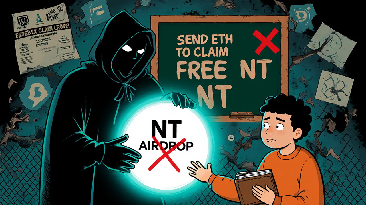 A masked scammer lures a user with a fake NT airdrop portal while a chalkboard warns against sending crypto.