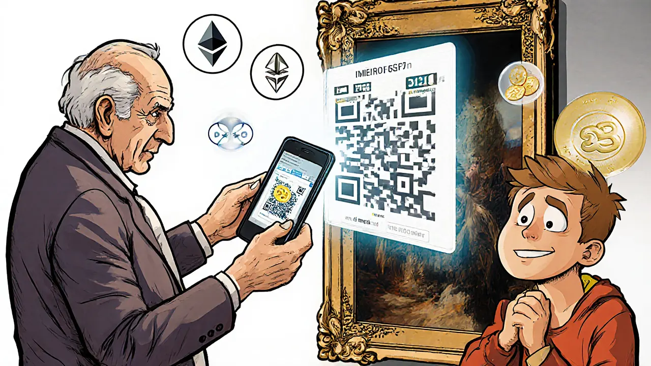 A smartphone scans an NFC chip on a painting, revealing a blockchain ownership record.