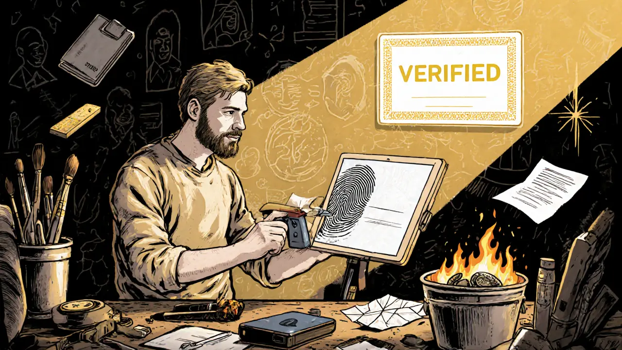 An artist embeds a biometric watermark into their digital artwork with a fingerprint scanner.