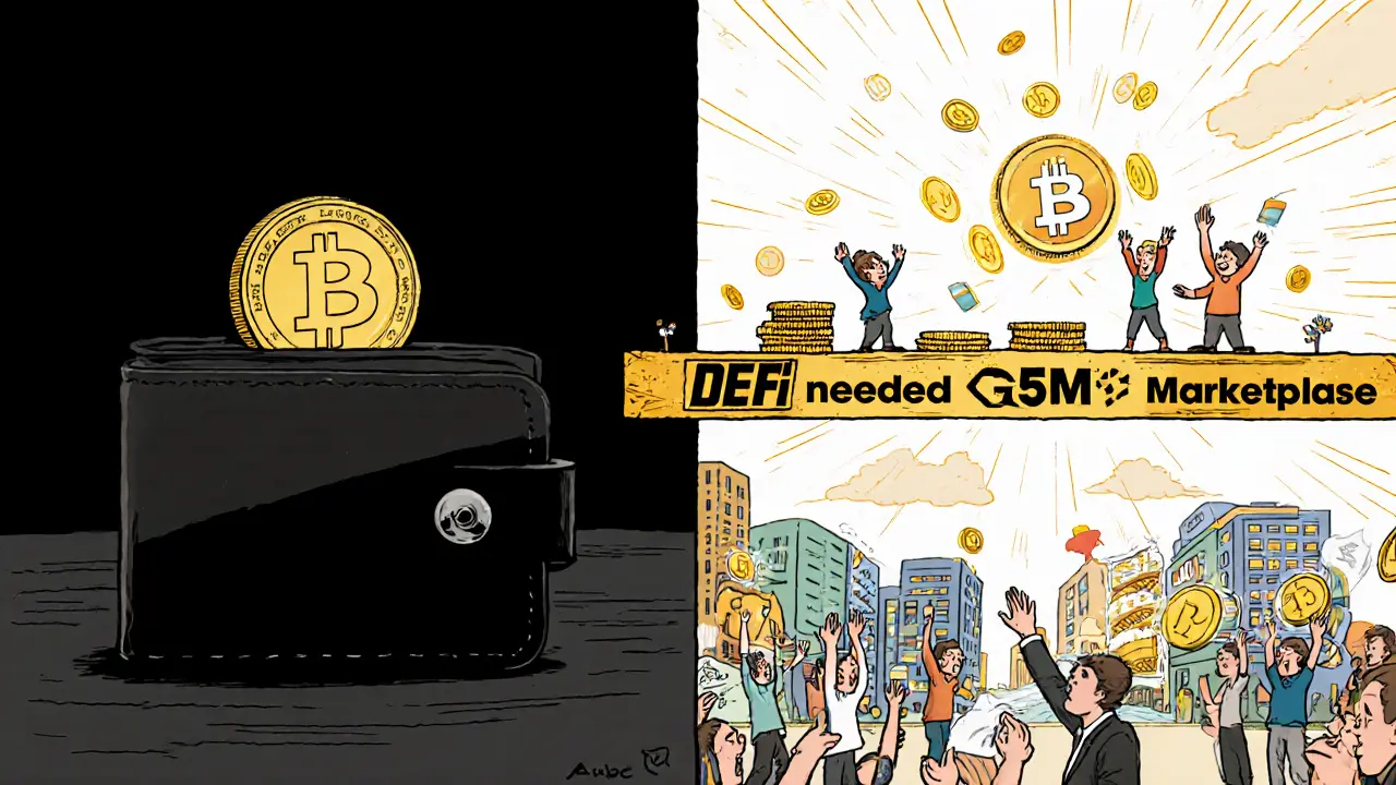 An idle APT coin transforms into a tAPT token actively used in a vibrant DeFi marketplace with lending and trading.