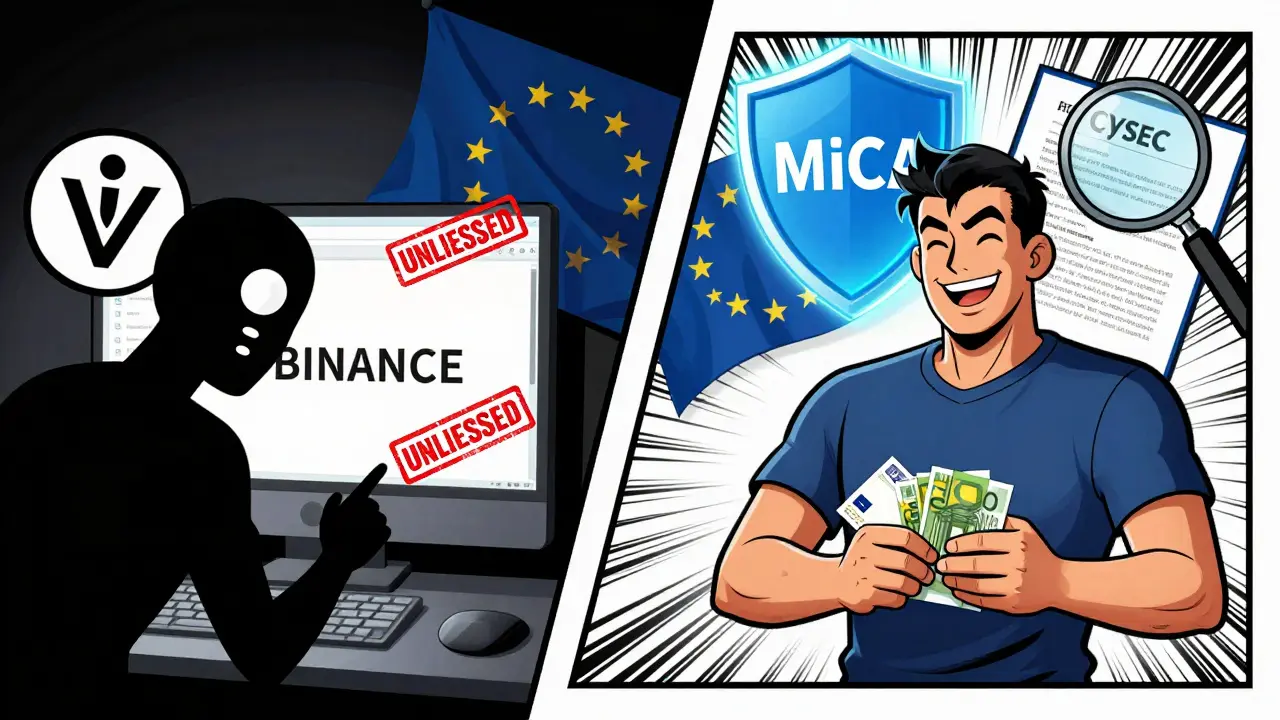 Contrast between a risky unlicensed crypto platform with warning signs and a safe, licensed exchange under EU regulation.