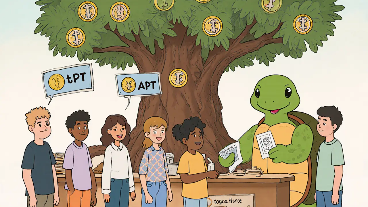 Diverse users exchange small APT coins for tAPT tokens at a whimsical staking counter run by a turtle mascot.