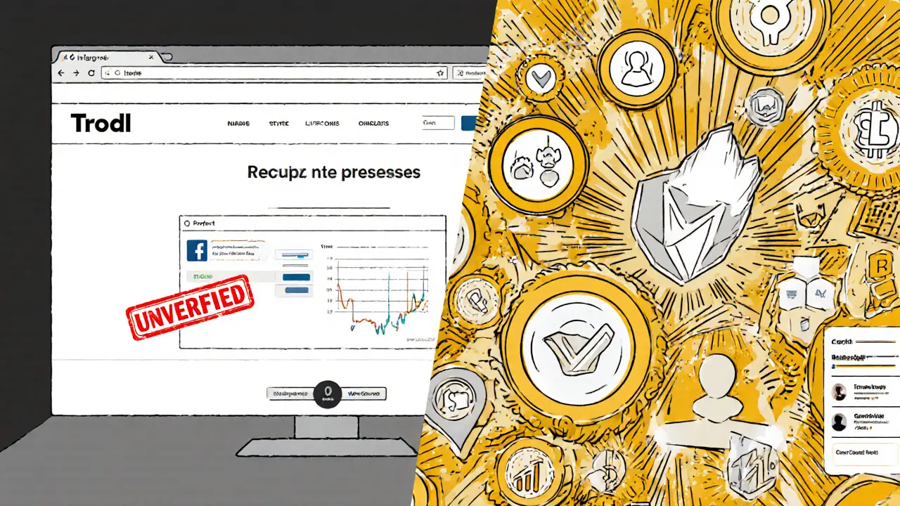Split scene: fake Trodl website vs. verified crypto platform with clear differences in detail and activity.