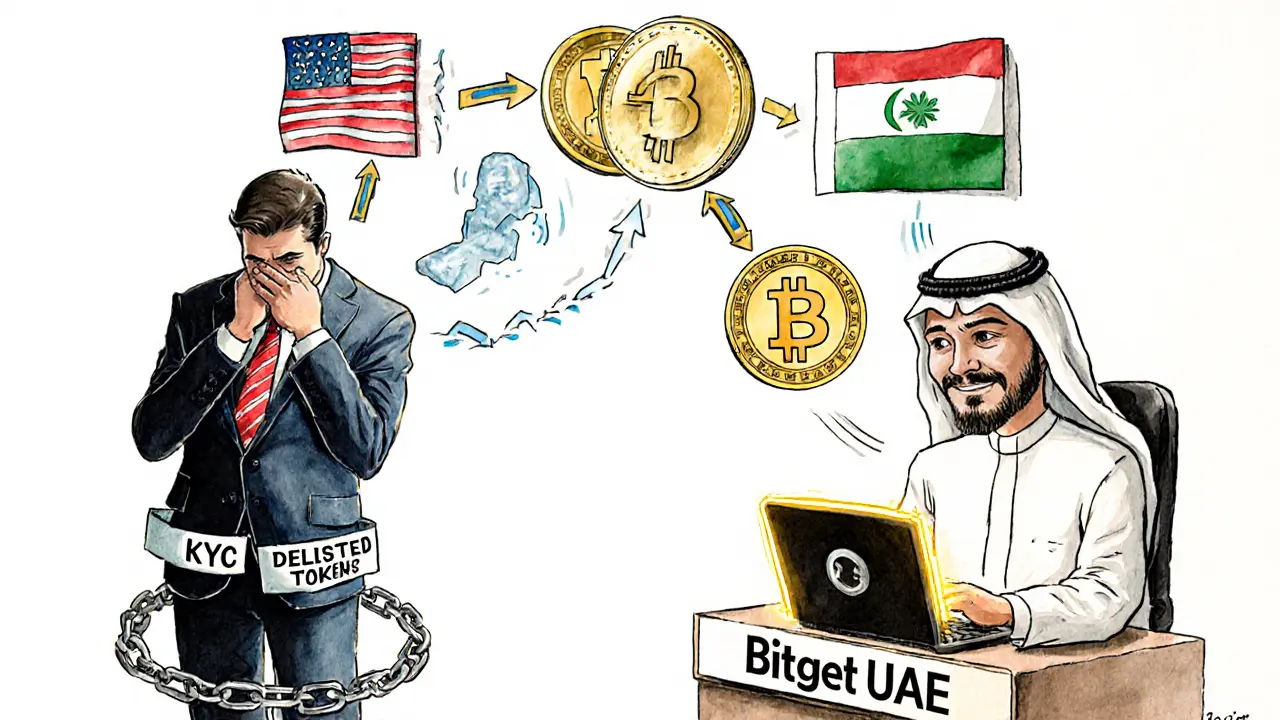 Two traders contrast: one trapped by U.S. rules, another thriving in UAE with stablecoins flowing across continents.