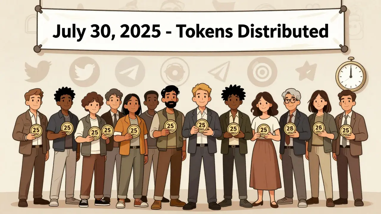 1000 winners holding 25 BNU tokens each, surrounded by silent social media icons and a frozen clock.