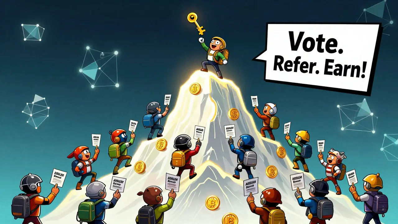 500 avatars compete on a BIT token mountain, with the top affiliate releasing a golden key for referrals.