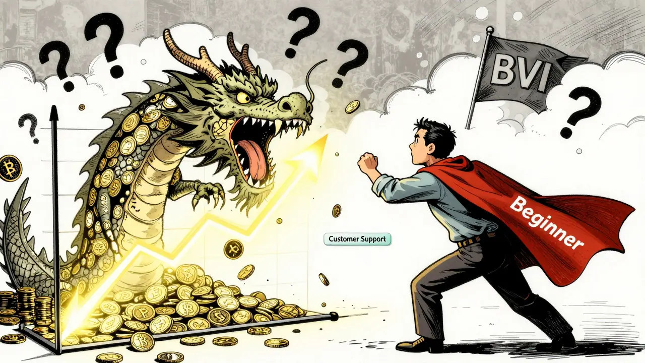 A beginner trader lured by a dragon made of crypto coins, while customer support flickers uselessly behind them.