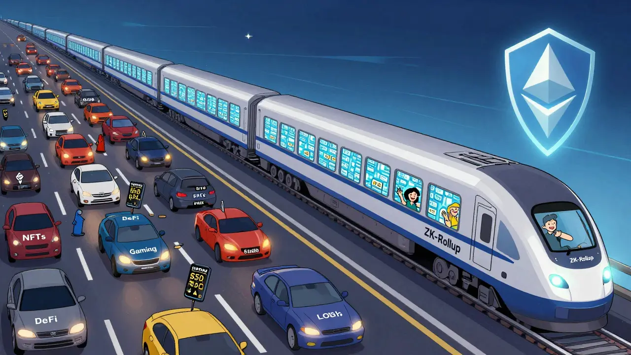A chaotic Ethereum highway with expensive tolls contrasts a sleek ZK-Rollup freight train with low fees speeding past.