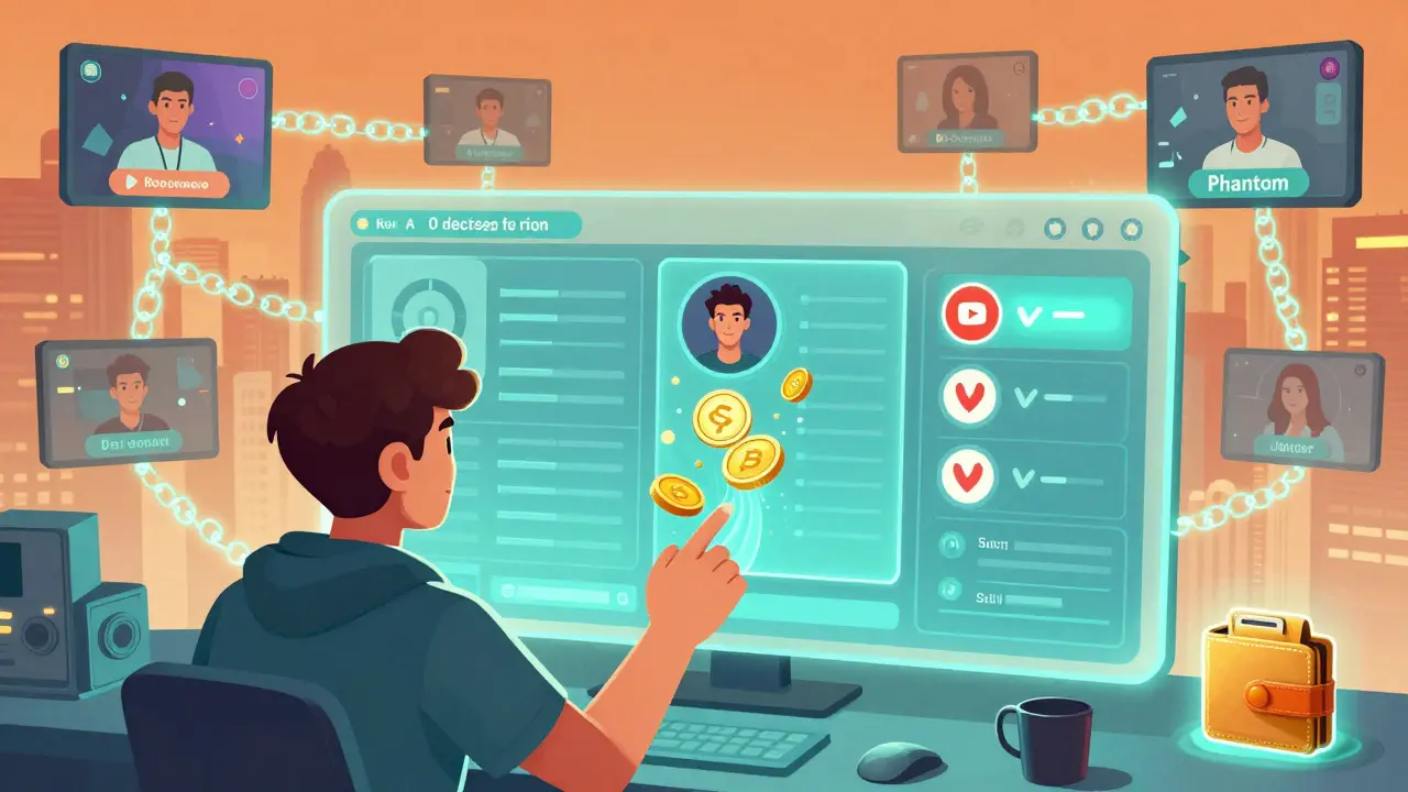 A creator using a holographic dashboard to manage crypto ads and vote on ads using VDR tokens.