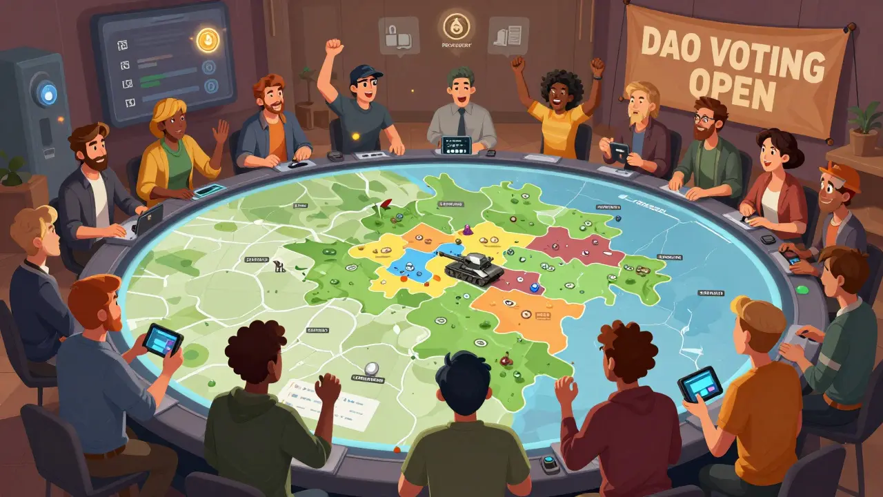 A diverse group of players gathers around a map showing territory control by tank ownership.