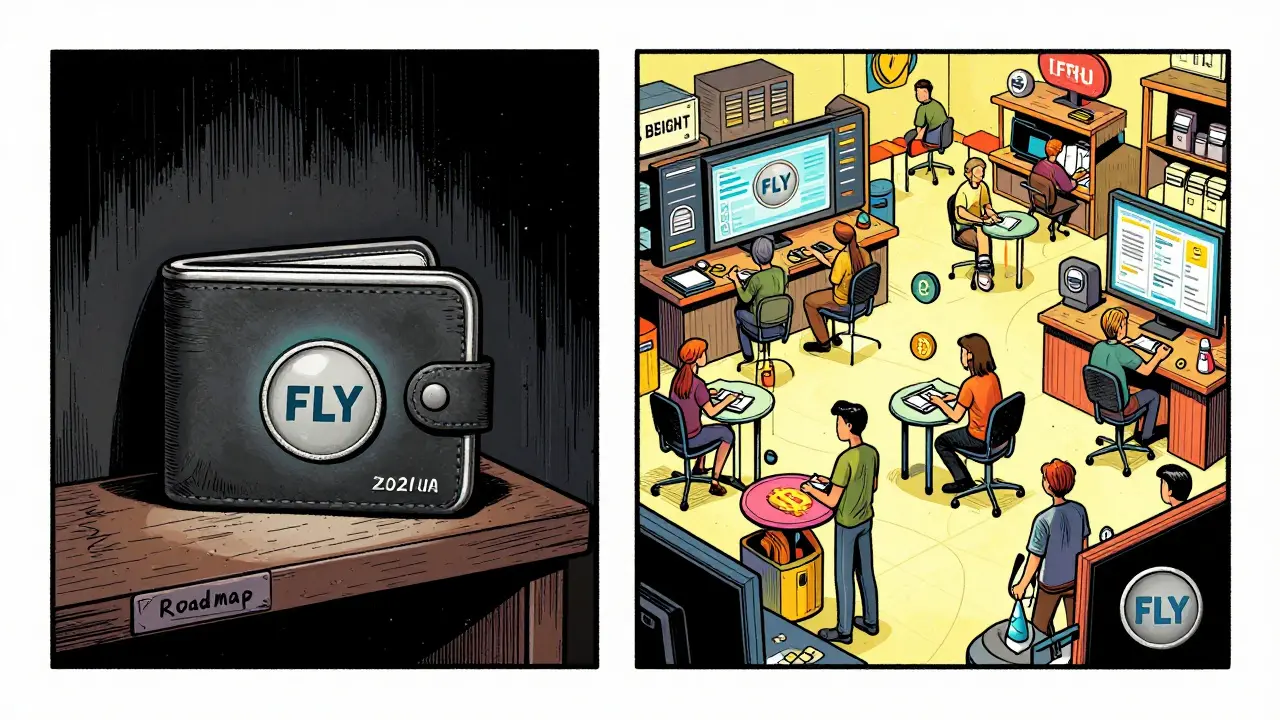 A faded FLY token on a dusty shelf versus a busy crypto market — split comic scene.