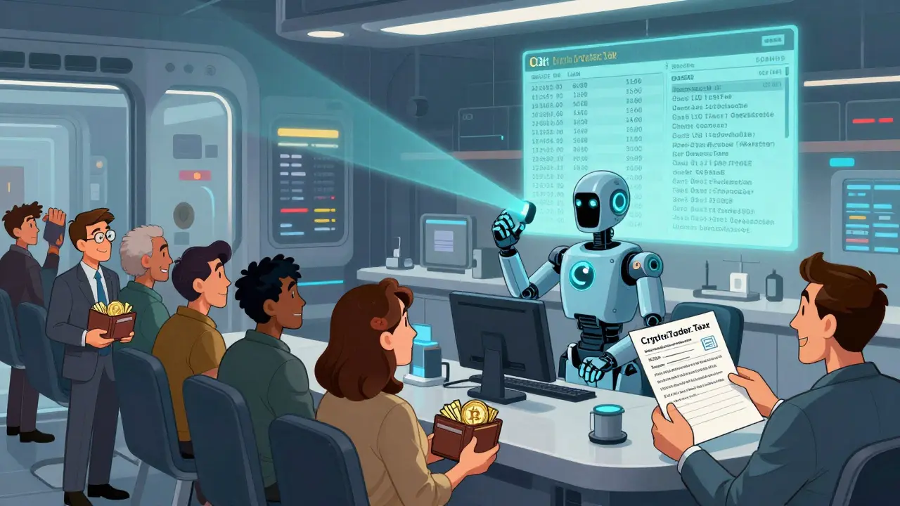 A futuristic Canadian tax office where a robot scans blockchain data, and citizens line up with crypto wallets for tax filing.