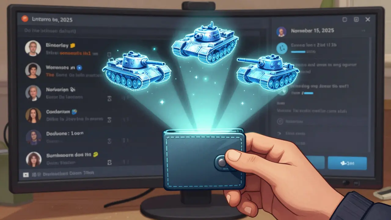 A hand projects three rare NFT tank blueprints above a wallet, with a countdown timer in the background.