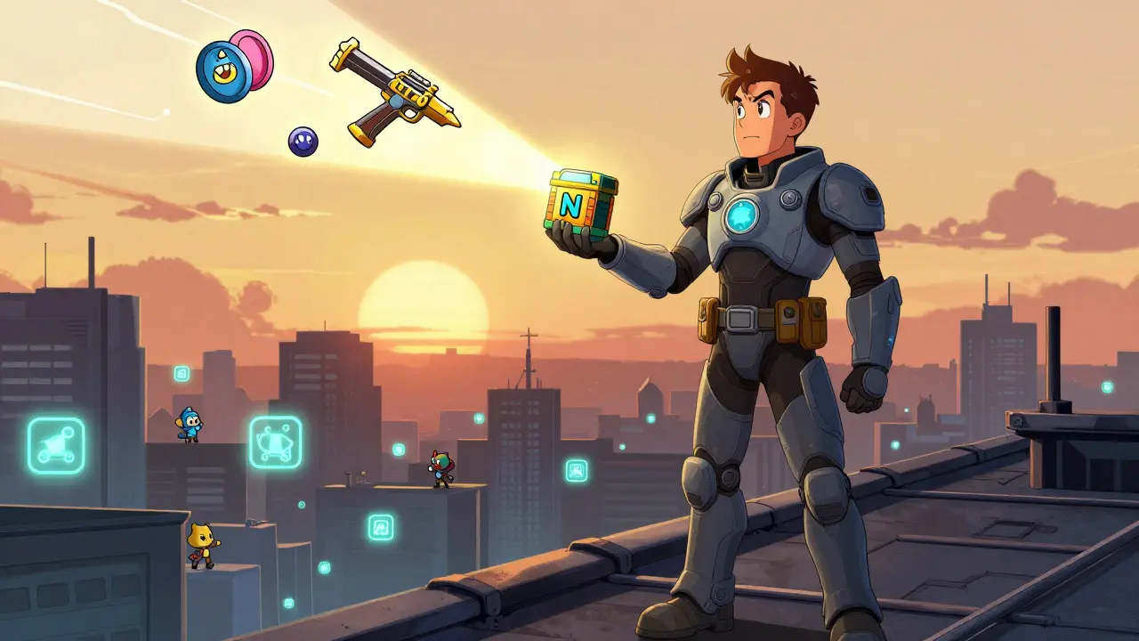 A hero holds a Chest NFT that transforms into rare gear at sunset.