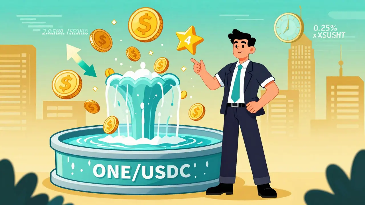 A liquidity provider earns rewards as SUSHI coins rain from a ONE/USDC pool, with Harmony’s fast settlement clocks above.