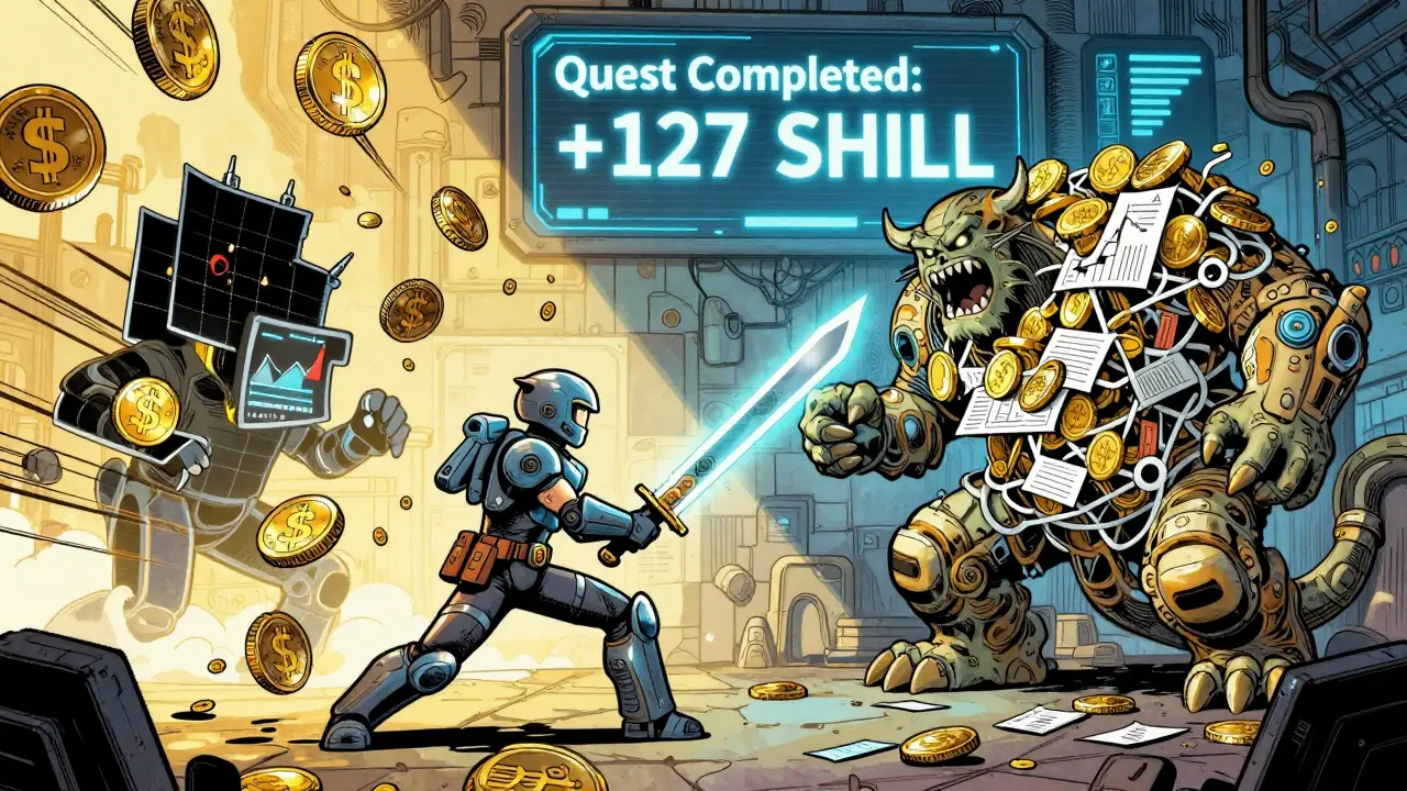 A player fighting a boss in a dungeon, rewarded with falling SHILL coins, in a vibrant GameFi-style cartoon scene.