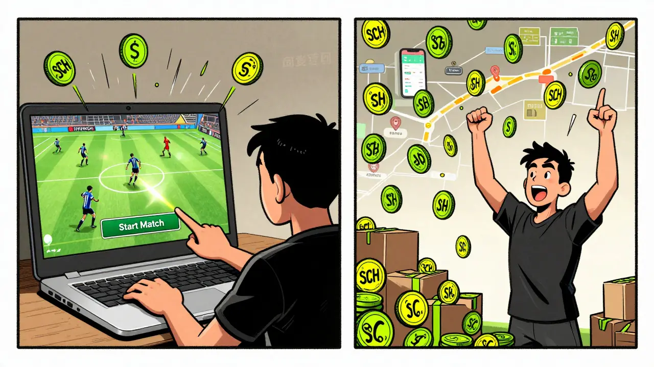 A player starts a match on a laptop as SCH tokens rain down, with future features hinted in the background.