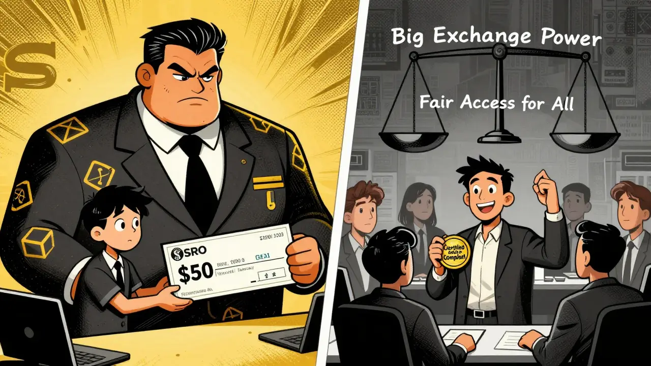 A small crypto startup pays a high fee to join an SRO, contrasting with the benefits of compliance certification.