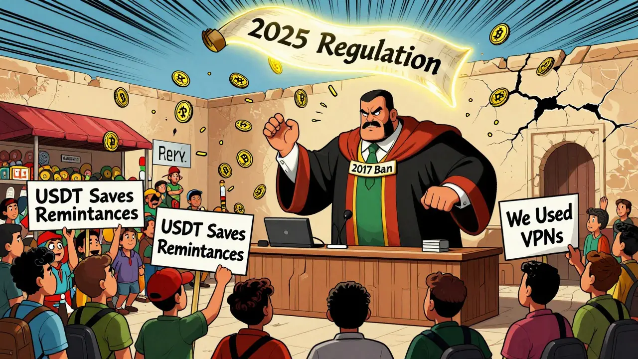 A symbolic courtroom where Morocco&#039;s crypto ban is overturned by a new regulation, with youth holding pro-crypto signs.