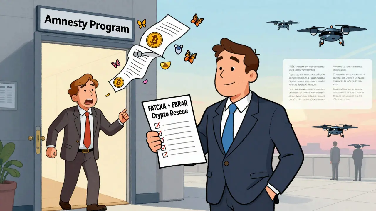 A tax advisor helps a client escape crypto reporting penalties as assets turn into flying paperwork.