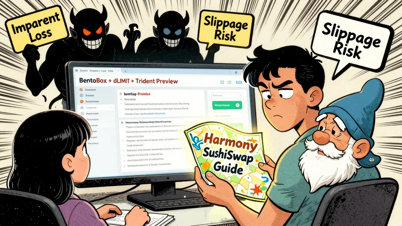 A user consults a wiki gnome while navigating complex DeFi tools, with risk demons floating nearby in comic style.