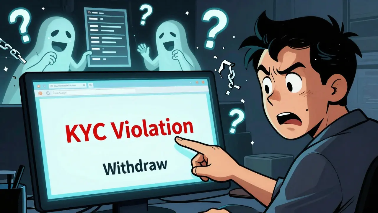 A user staring at a withdrawal error screen while ghost bots manipulate fake orders behind them.