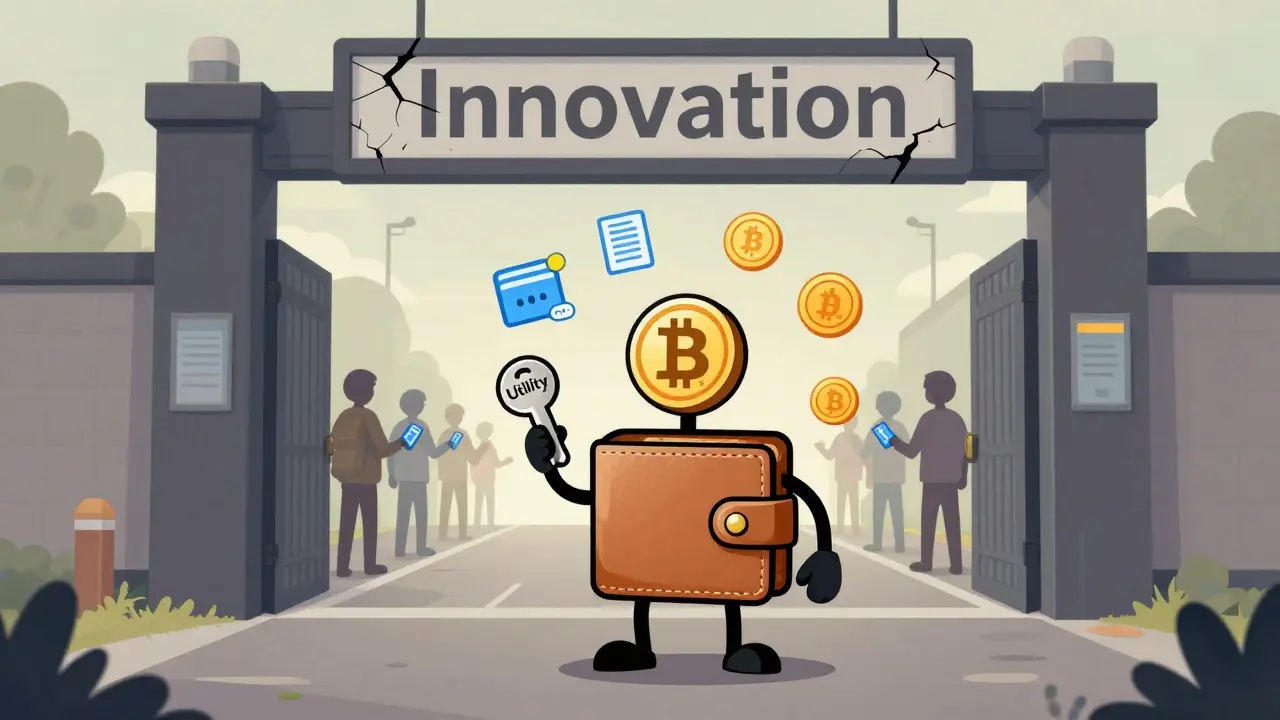 A wallet-robot holds a utility key before a fading innovation sign, while users enter an exchange using BIT cards.
