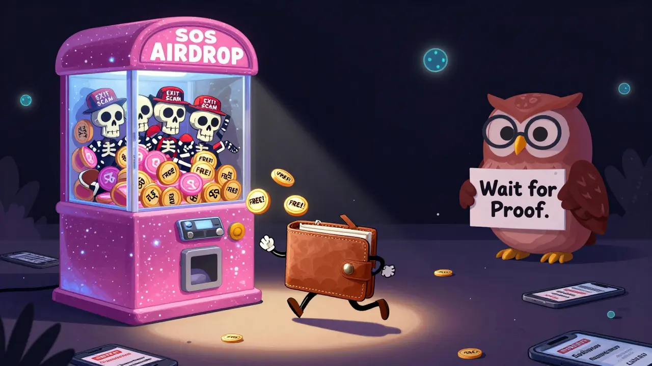 A wallet runs from a candy machine spitting fake tokens, while an owl warns to wait for proof.