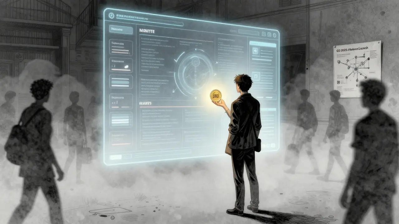 An artist holds a glowing BNU token before a dead NFT marketplace, while others walk away into fog.